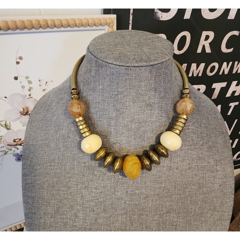 Chunky Amber Cream Brass Tone Statement Collar Necklace Adjustable Boho‎ Bold